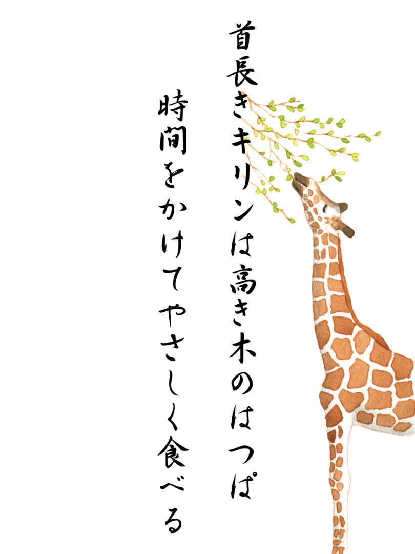 首長きキリンは高き木のはつぱ 時間をかけてやさしく食べる